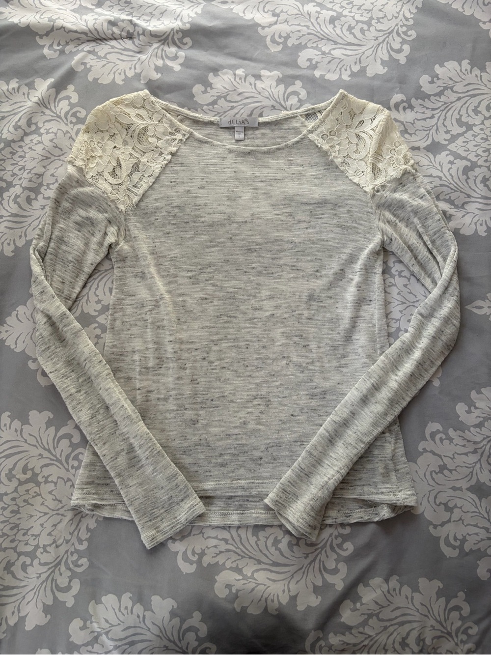 dELiA*s Cream Lace-Shoulder Heathered Long Sleeve Tee